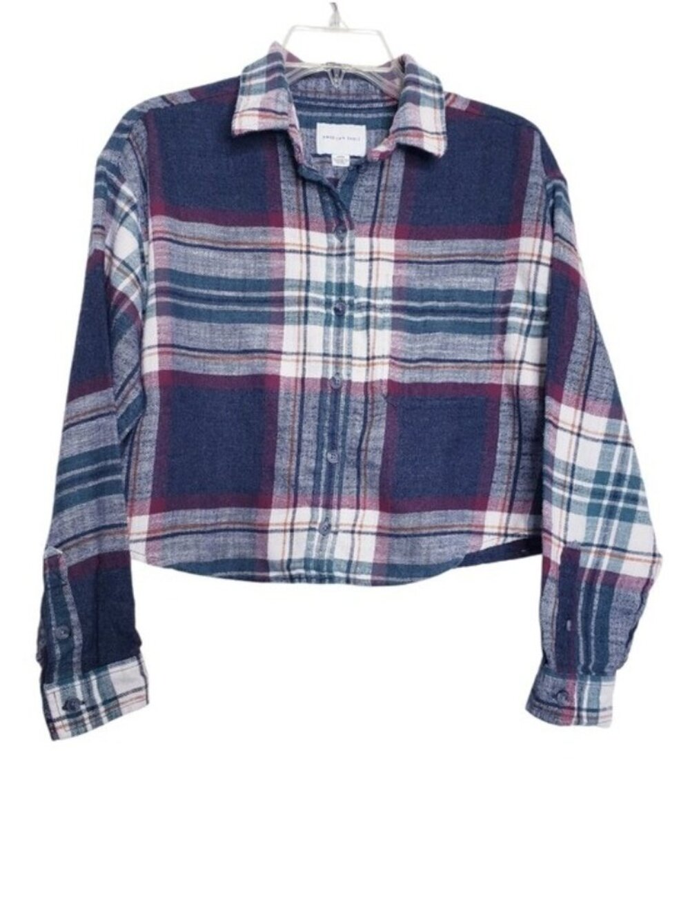 American Eagle Cropped Plaid Flannel Button Down Shirt Women's Size Small